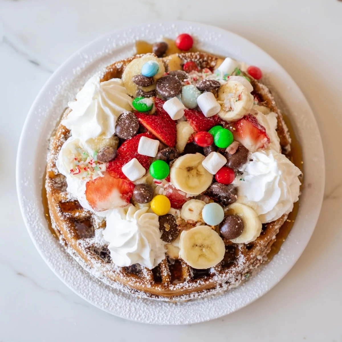 Golden gingerbread house waffles, crisp from the iron, ready to be decorated with festive treats.