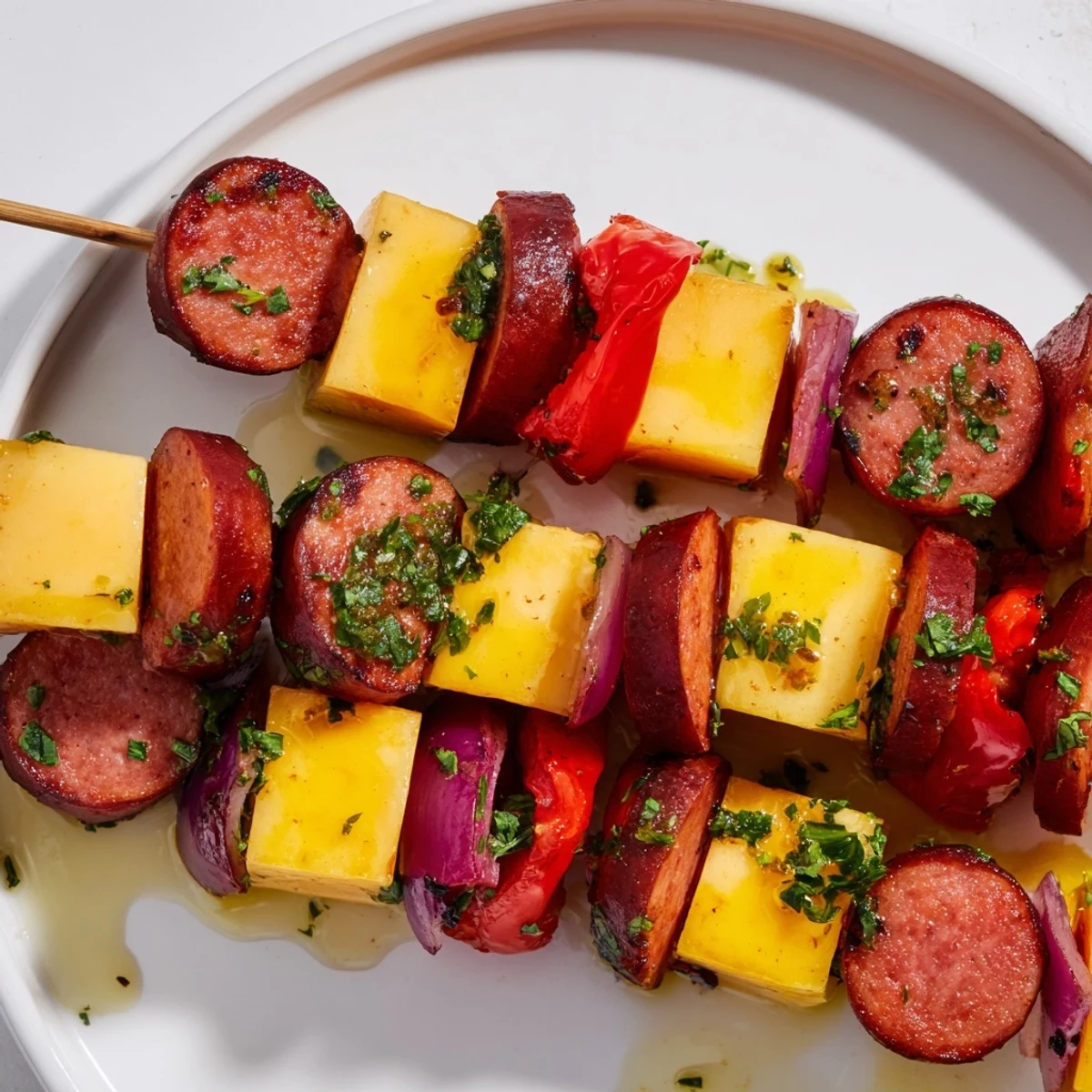 Savory Skewers: Chimney Stack Sausage and Cheese, grilled with bubbly cheese and charred vegetables, ready to eat.