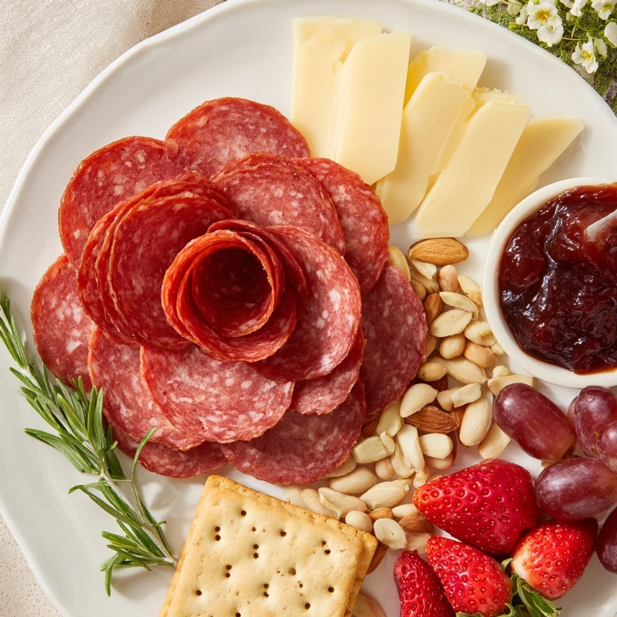 Gorgeous single-bloom board showcasing a salami rose surrounded by colorful fruits and cheeses.