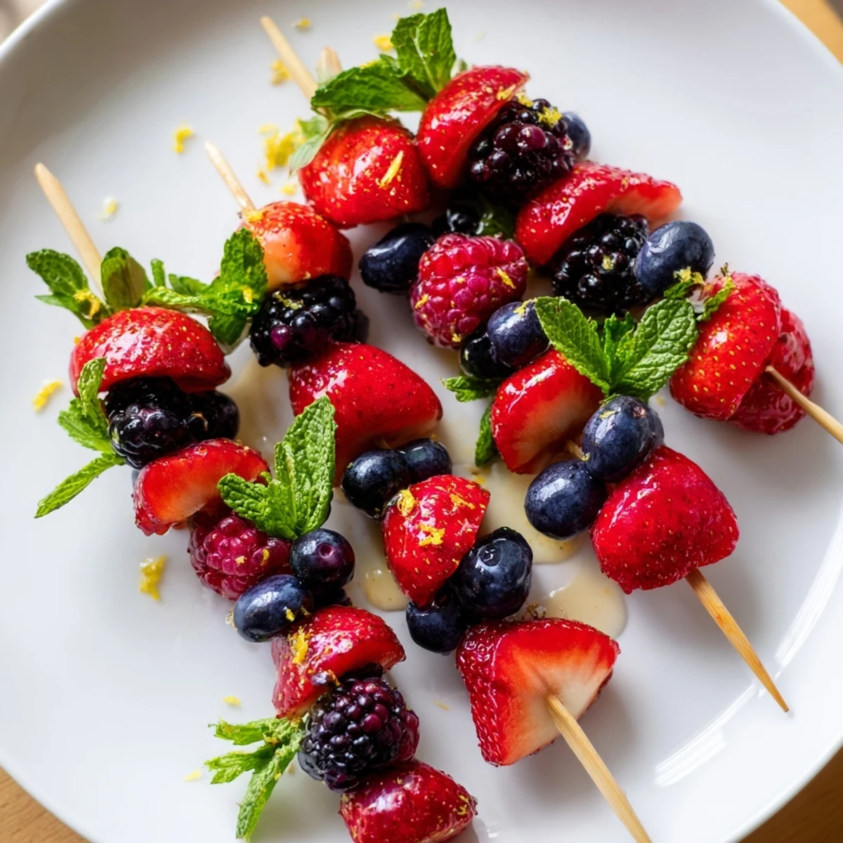 Fresh Fruit Skewers with vibrant berries and mint, ready to enjoy as a simple, refreshing snack.