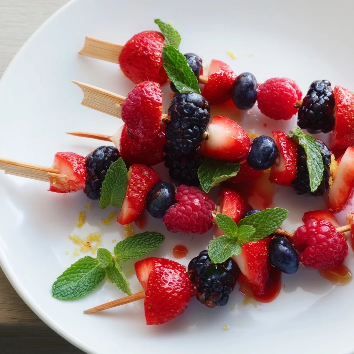Enjoy a visual feast: colorful Fruit Skewers with berries and fresh mint, ready for party treats.