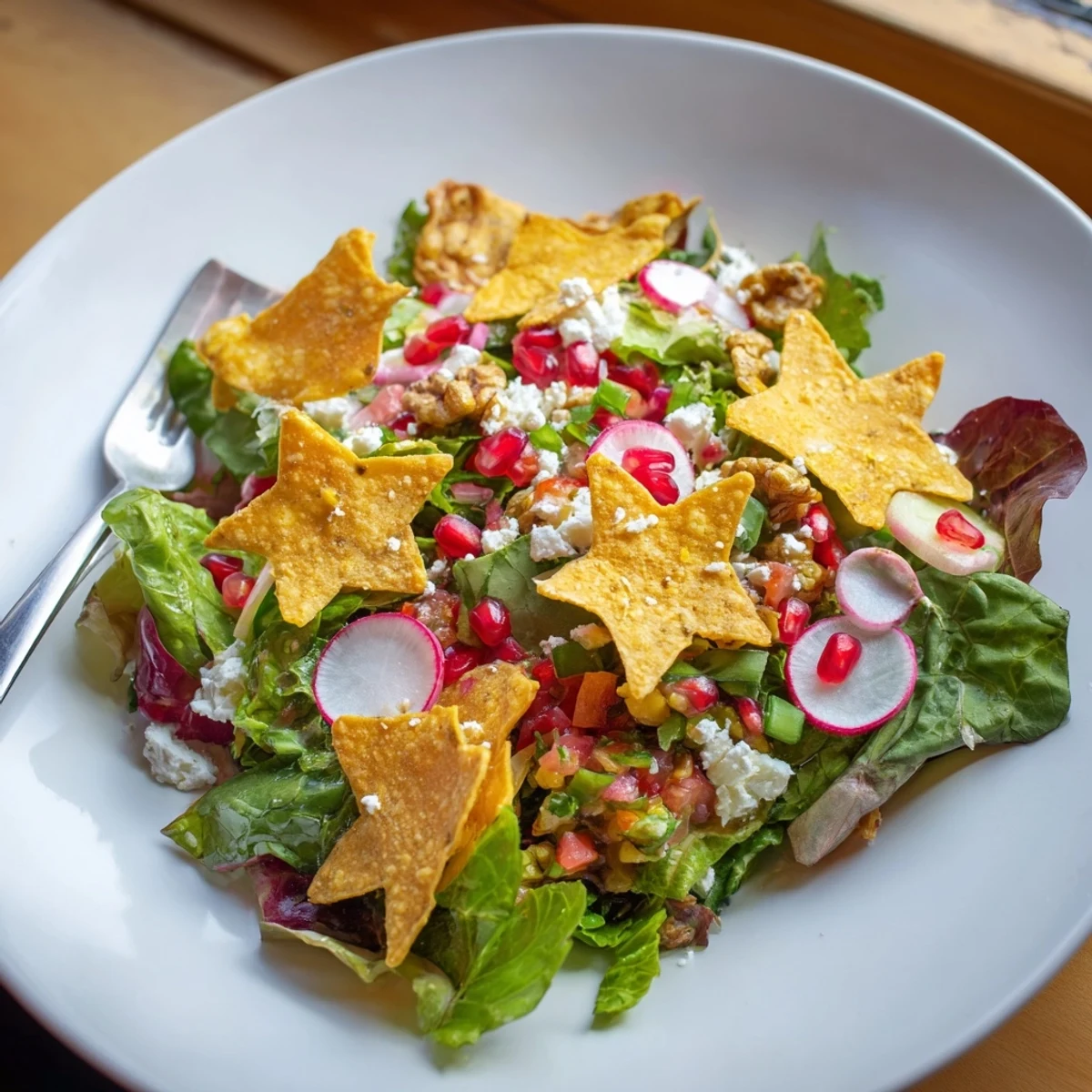 Crisp winter salad with snowflake tortilla chips, vibrant salsa, and fresh, colorful ingredients.