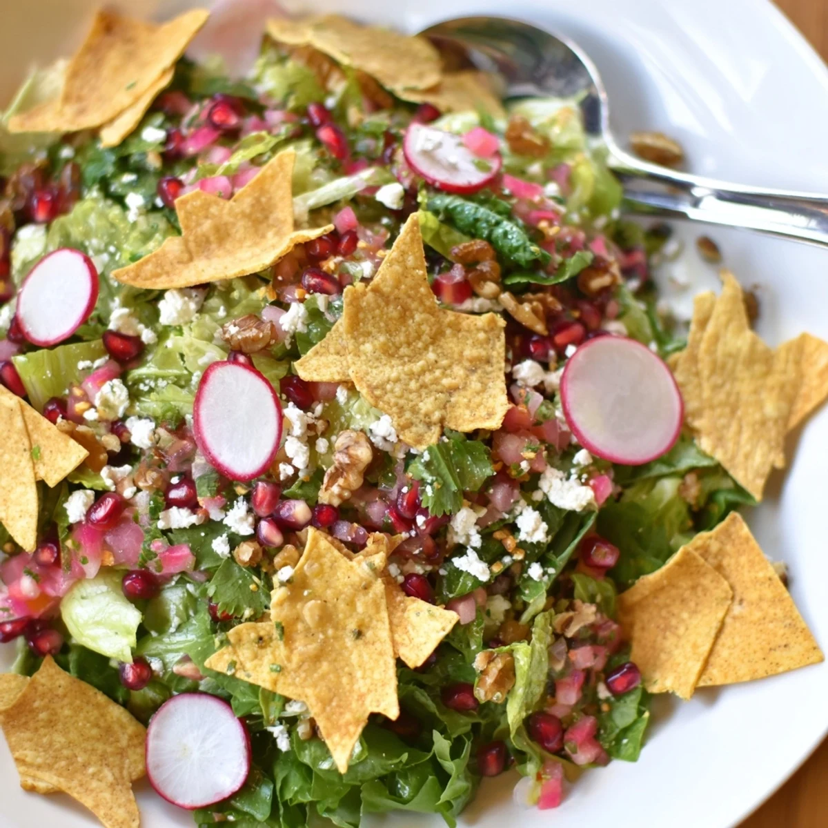 A visually appealing Winter Salad, with crunchy snowflake chips and mixed greens, ready to eat.