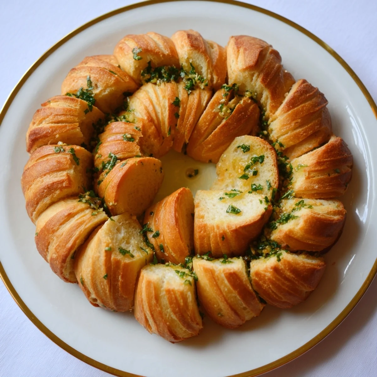 Golden, crispy baguette slices arranged in a circle, ready to be enjoyed as a flavorful appetizer.
