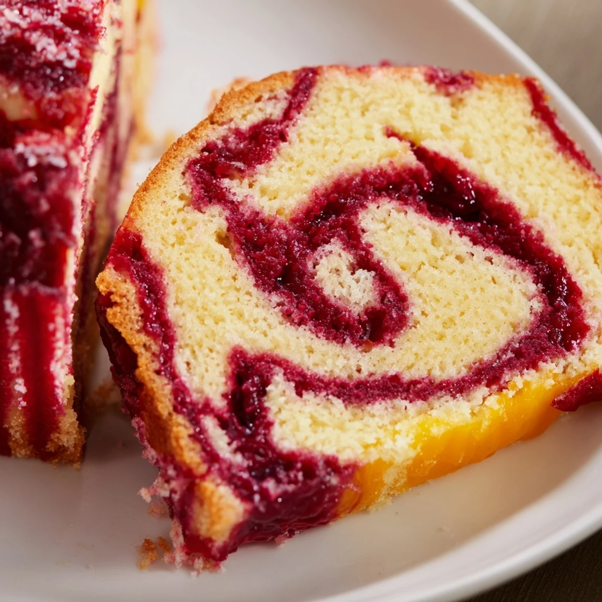 Vibrant slice of cranberry orange swirl cake, showing off a beautiful spiral pattern.