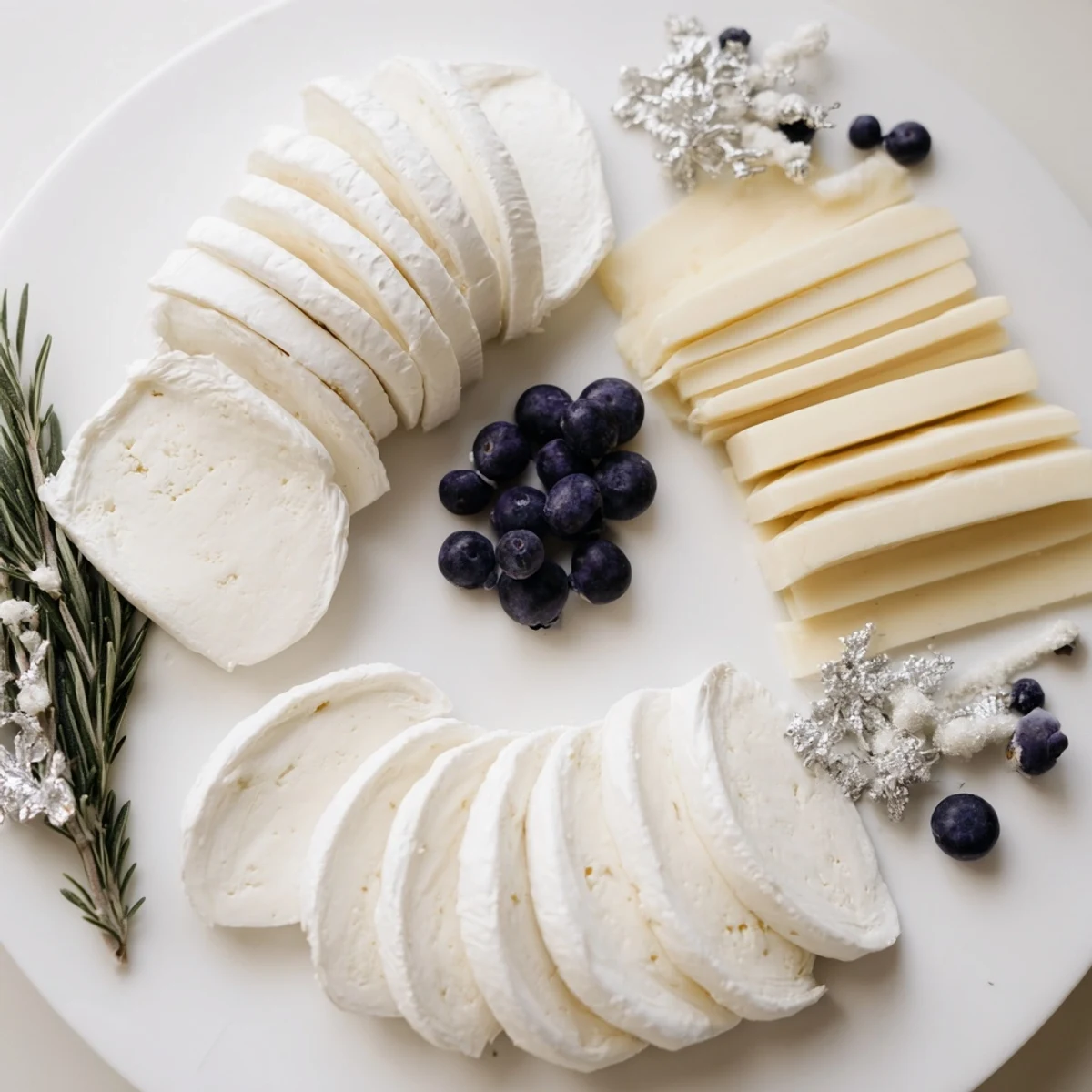 Imagine a beautifully arranged Winter Wonderland Platter with white cheeses and crisp crackers; perfect for gathering.