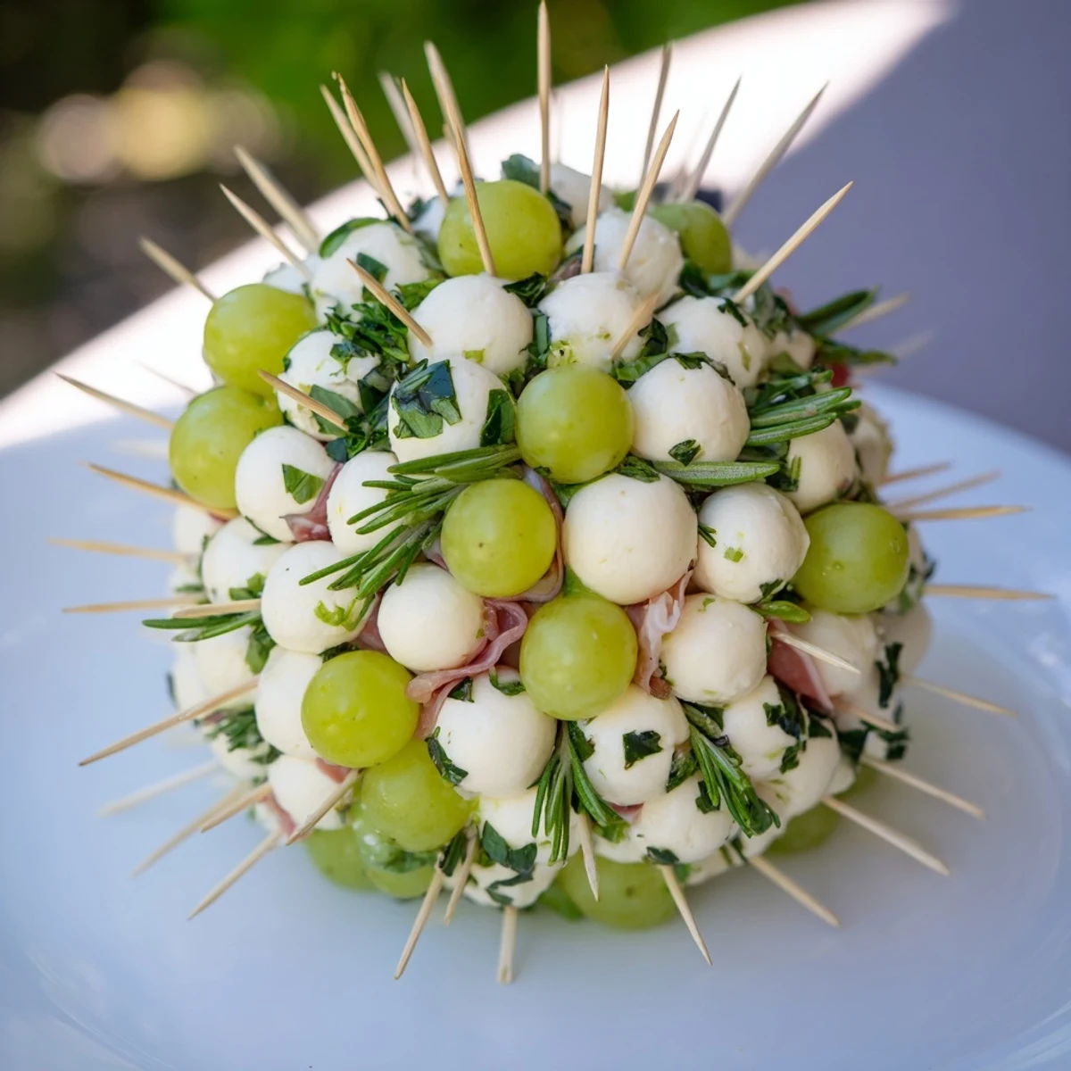 Mistletoe Kissing Ball appetizer with creamy cheese balls, grapes, herbs, and prosciutto, perfect for holiday gatherings.