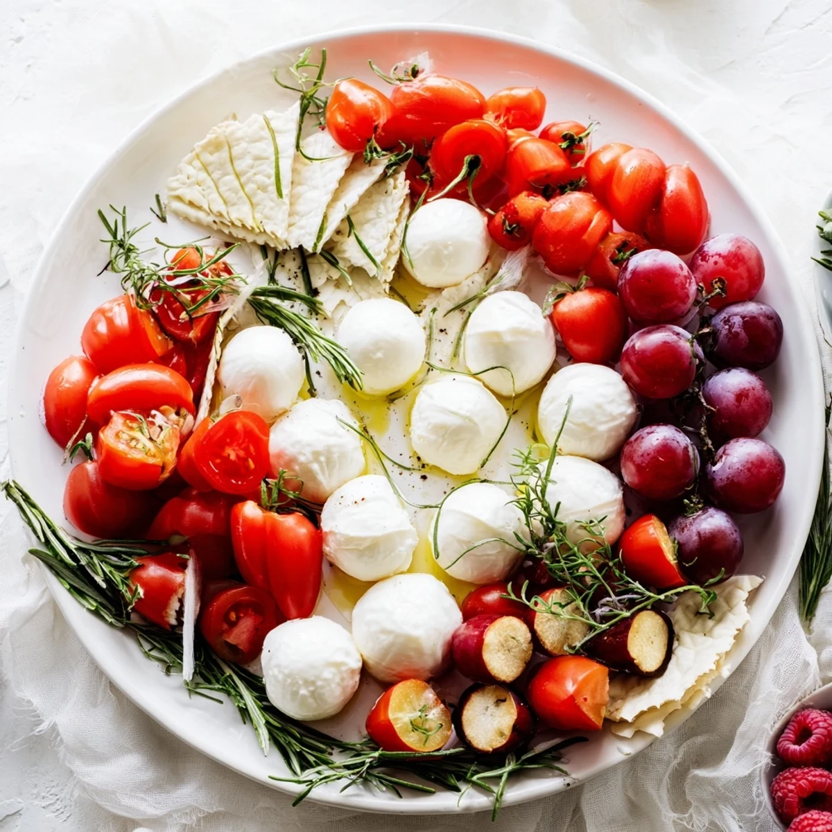 Elegant Holly Berry Cluster platter with goat cheese, fresh berries, and green herbs arranged beautifully.