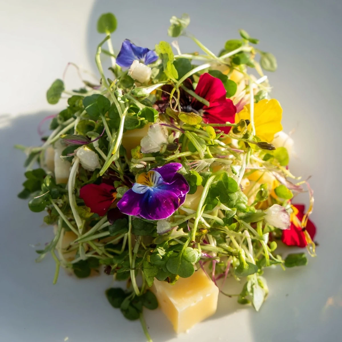 A visually stunning The Secret Garden appetizer displays cheese jewels tucked among edible garden garnishes.