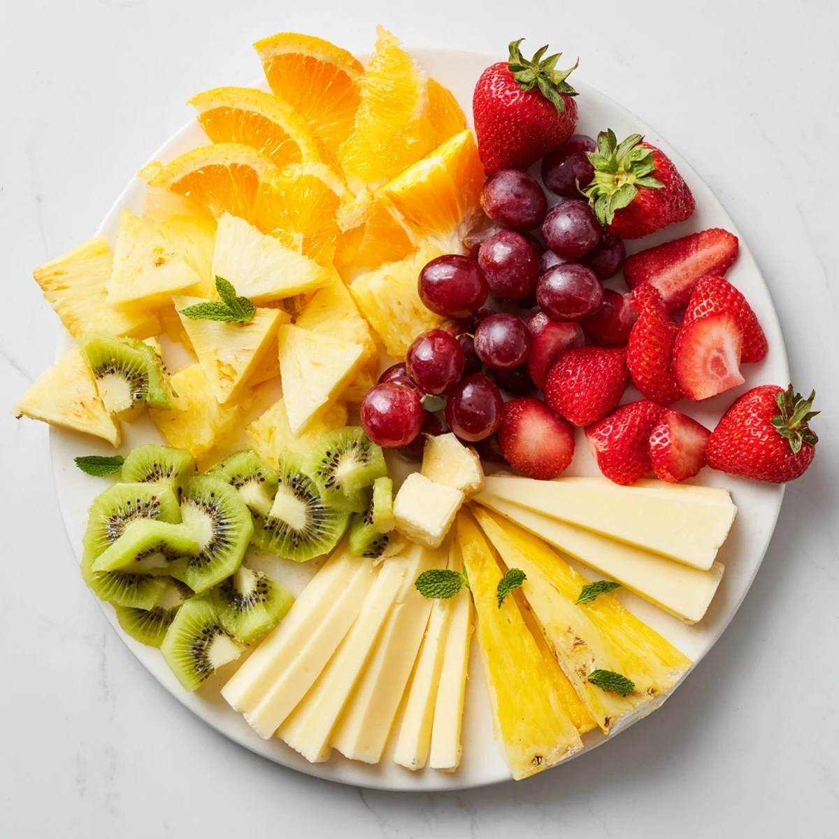 Fresh strawberries and cheeses make a beautiful, bright Kaleidoscope Circle platter ready to serve.