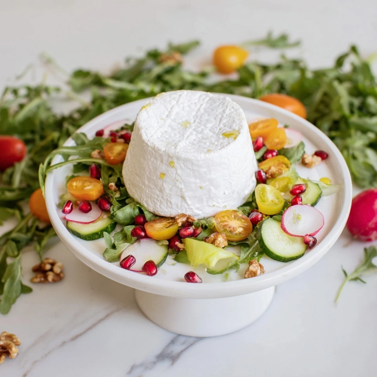 A visually striking Zenith Point salad featuring a soft cheese wheel as its focal point.