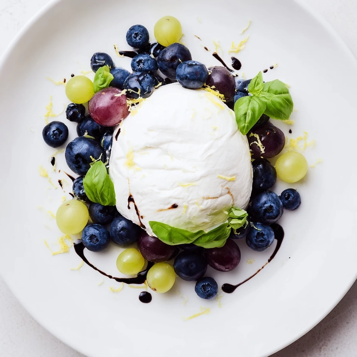 A close-up of The Moonlit Lagoon salad: berries and basil surrounded a creamy burrata cheese.