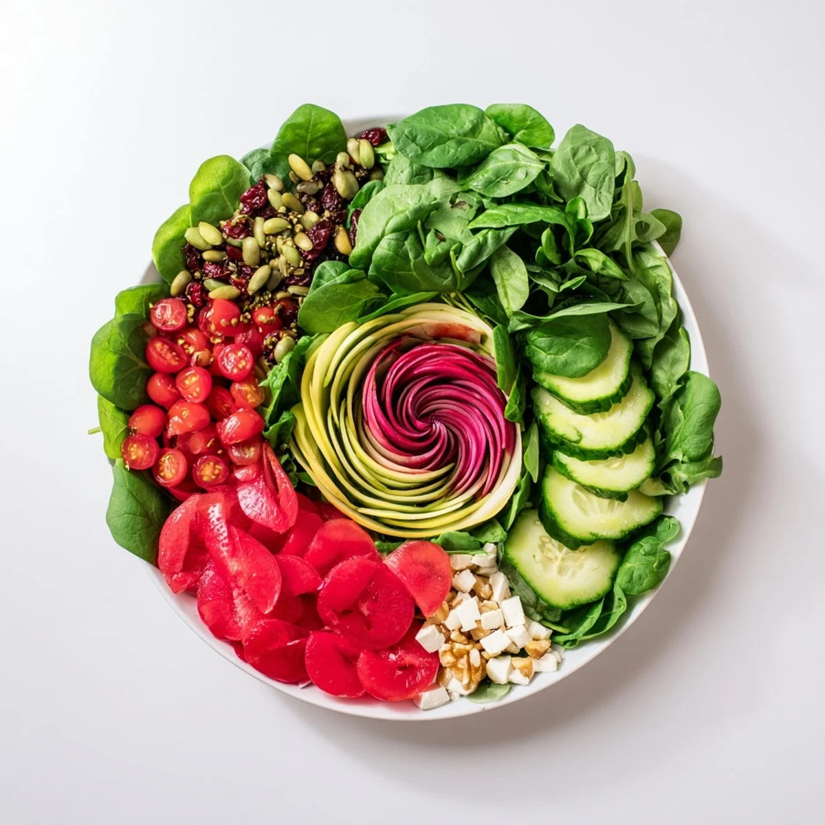 Fresh Fibonacci Fan Salad featuring vibrant colors and textures, ready to enjoy.