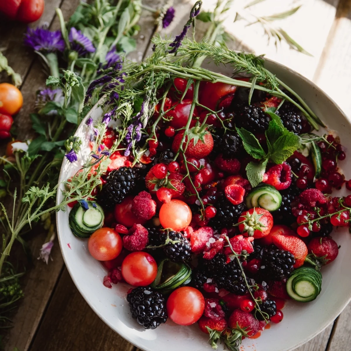 Festive Holly Berry Cluster appetizer: red berries mingled with fresh herbs on a platter.