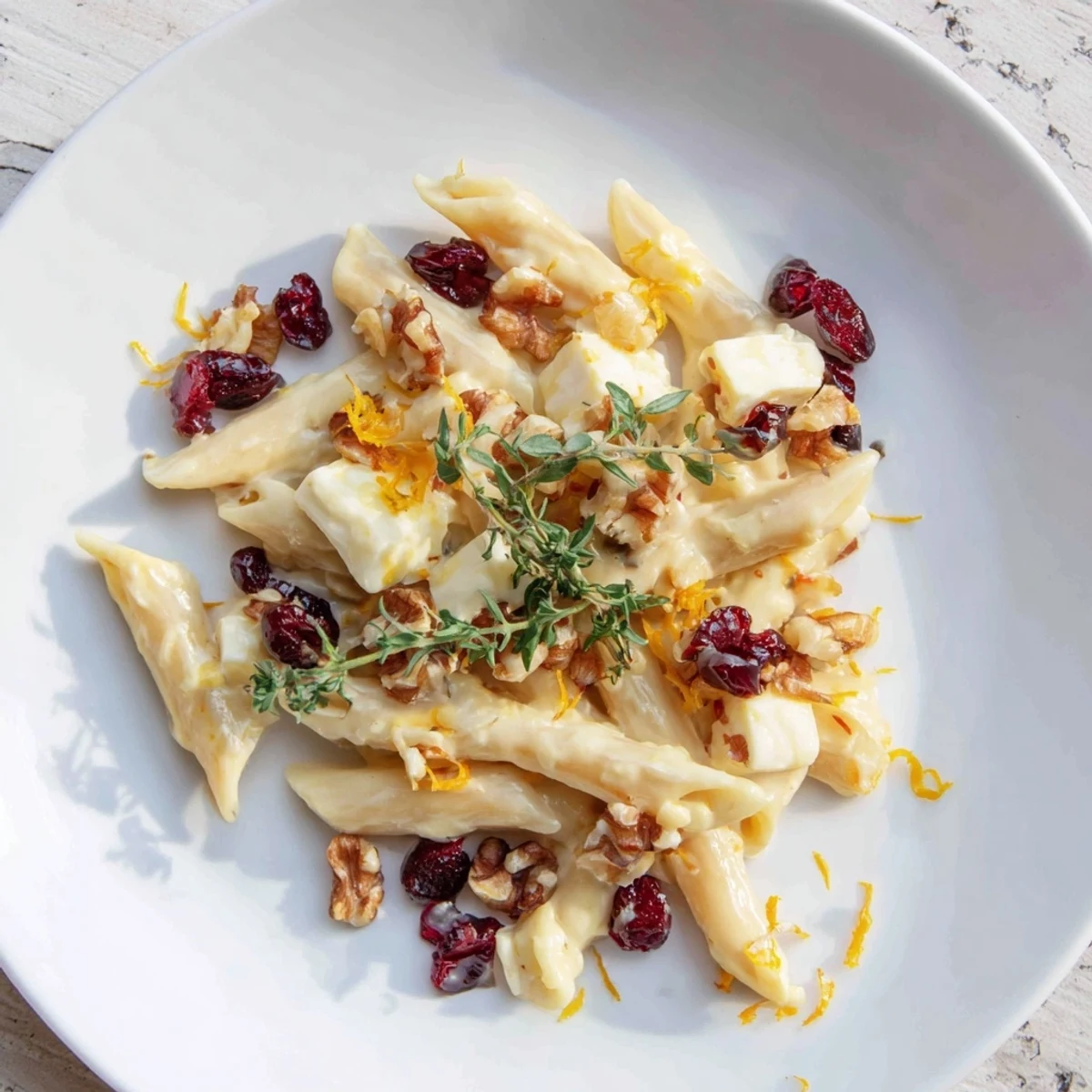 Tender pasta tossed in bubbly, melted baked Brie and cranberry sauce, topped with walnuts.