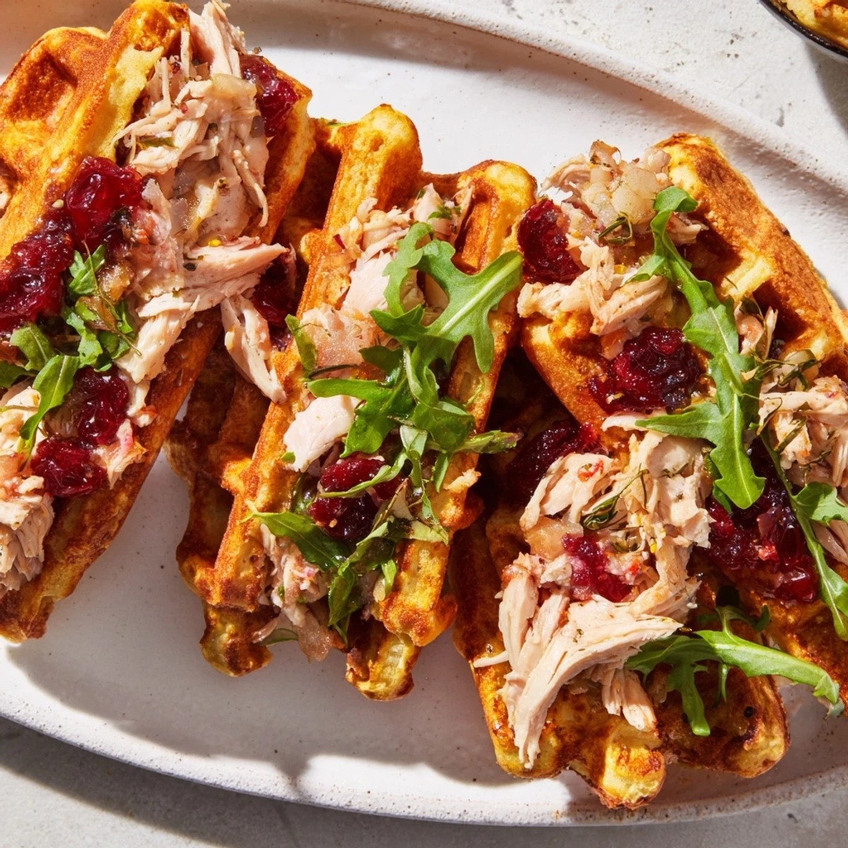 Golden-brown Stuffing Waffle Chicken Sliders with juicy chicken and cranberry mayo, ready to savor.