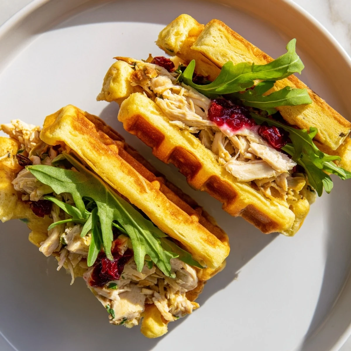 A stack of savory Stuffing Waffle Chicken Sliders showcases tender chicken bursting between crispy stuffing waffles.