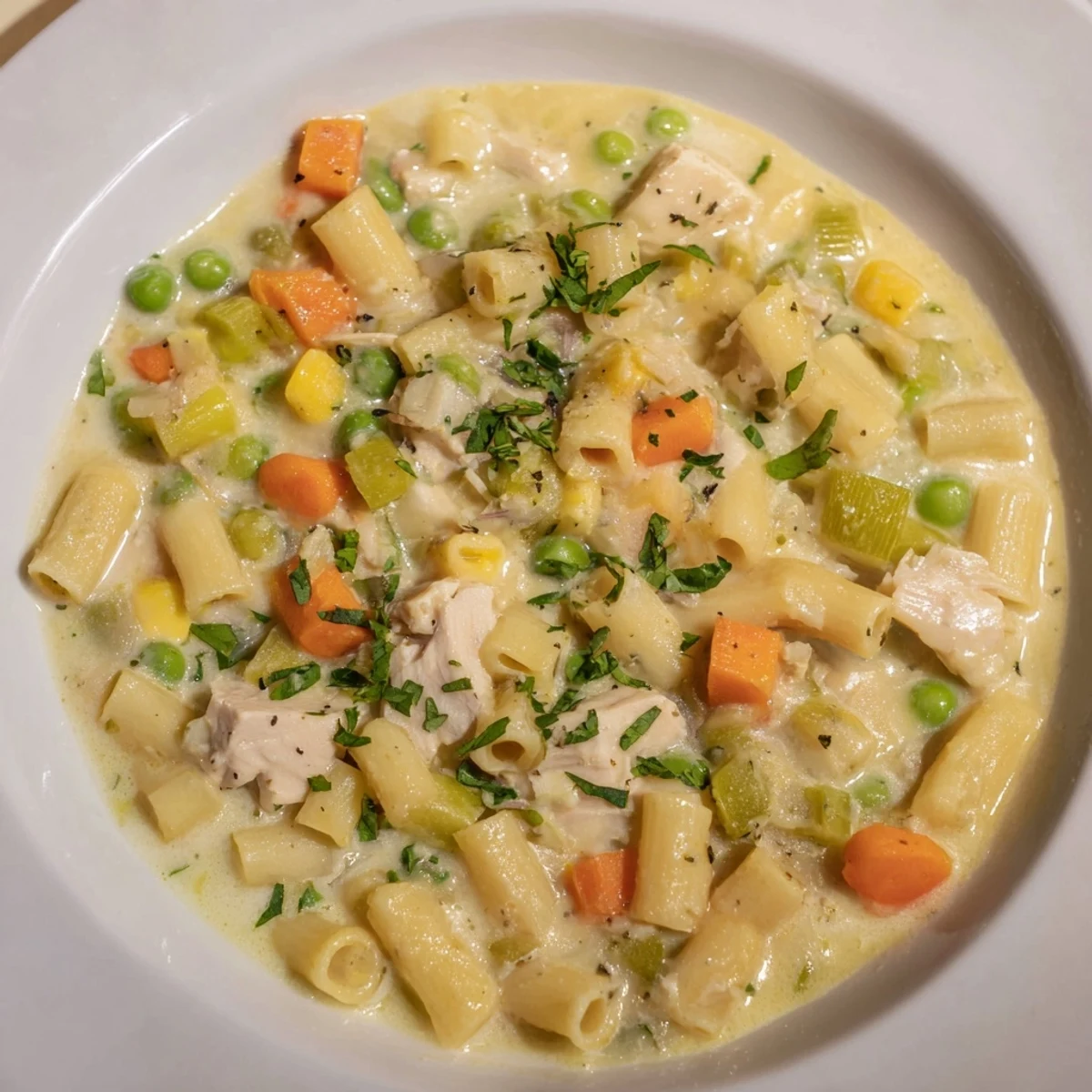 Creamy Chicken Pot Pie Pasta Soup, a comforting bowl of pasta and vegetables, ready to eat.