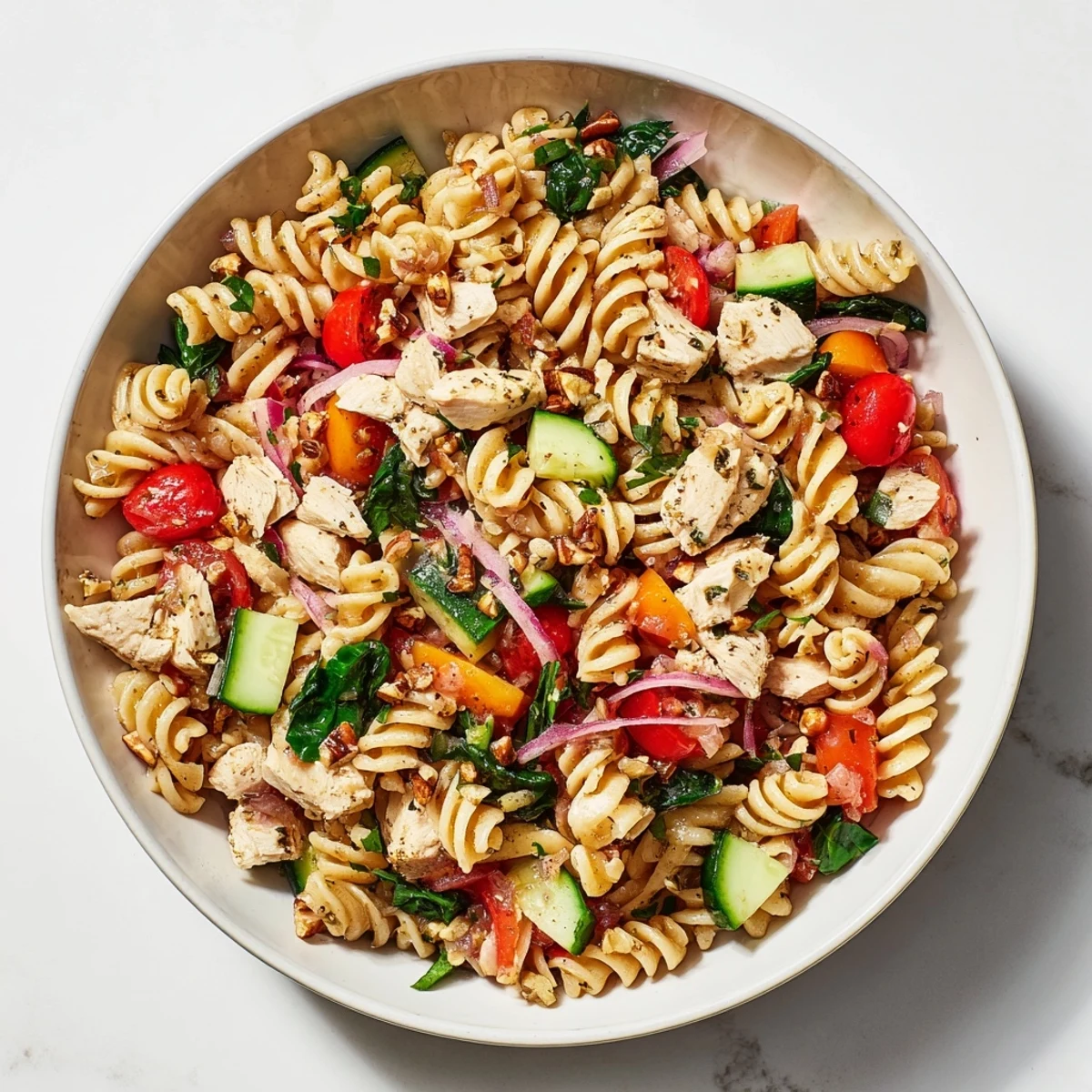 Pasta Salad with Cranberry Vinaigrette: A colorful, chilled pasta salad with chicken and a tangy cranberry vinaigrette.