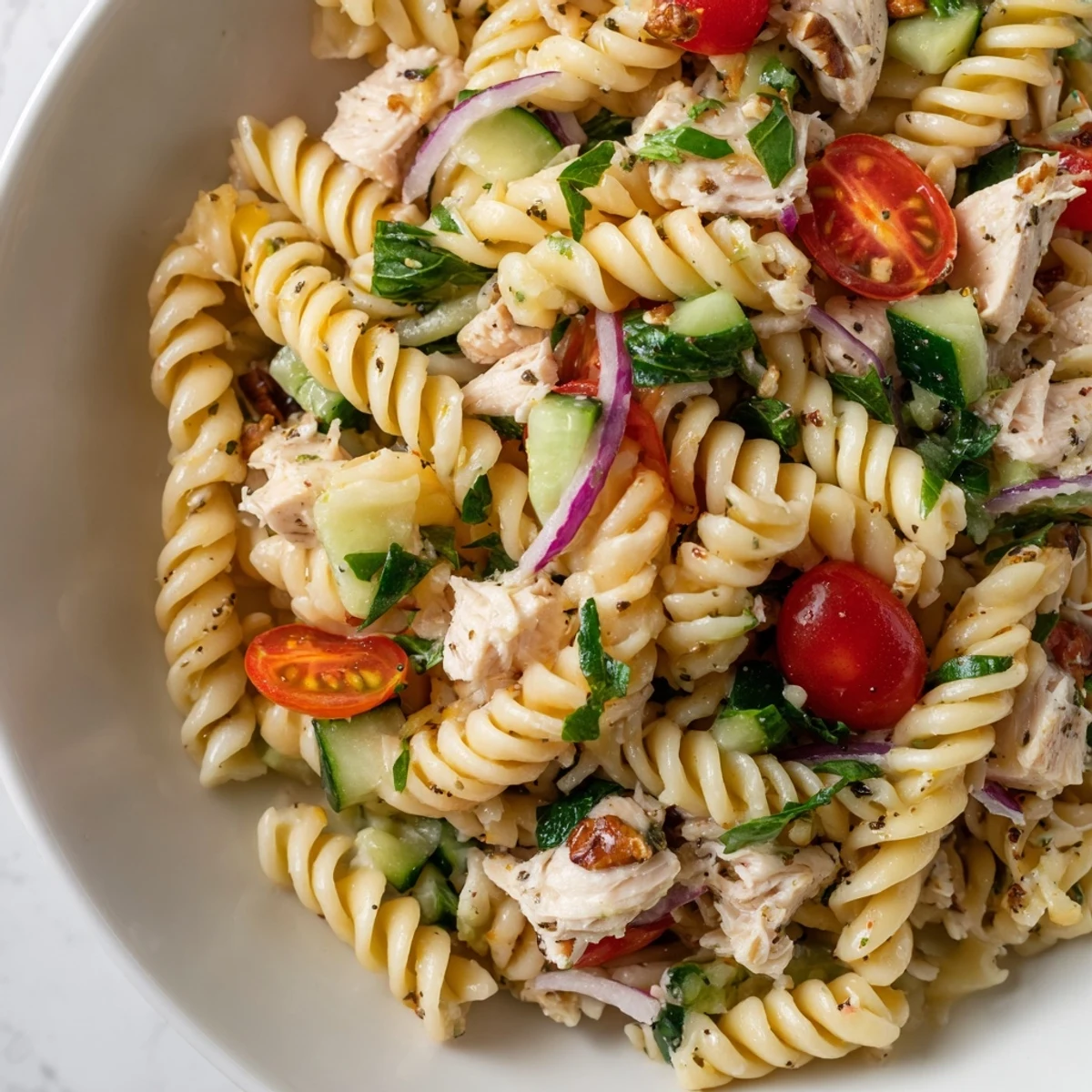 This beautiful Pasta Salad with Cranberry Vinaigrette blends savory chicken, veggies, and a sweet, tart dressing.