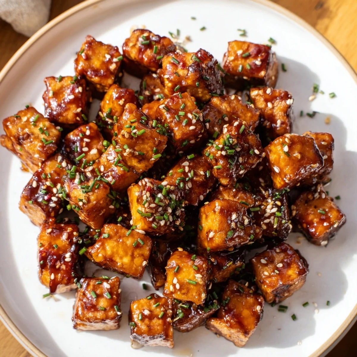 Crispy air fryer chicken bites, a delicious American-Asian fusion dish with a sweet and savory glaze.