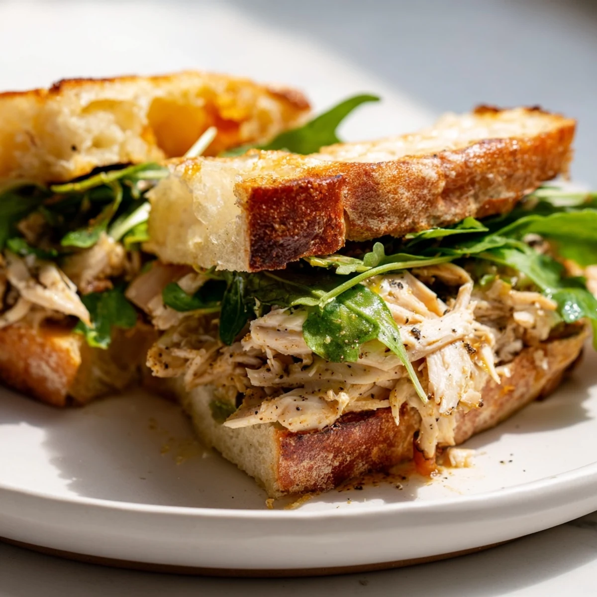 Golden, cheesy Leftover Pizza Chicken Sandwich, overflowing with melted mozzarella and fresh arugula.