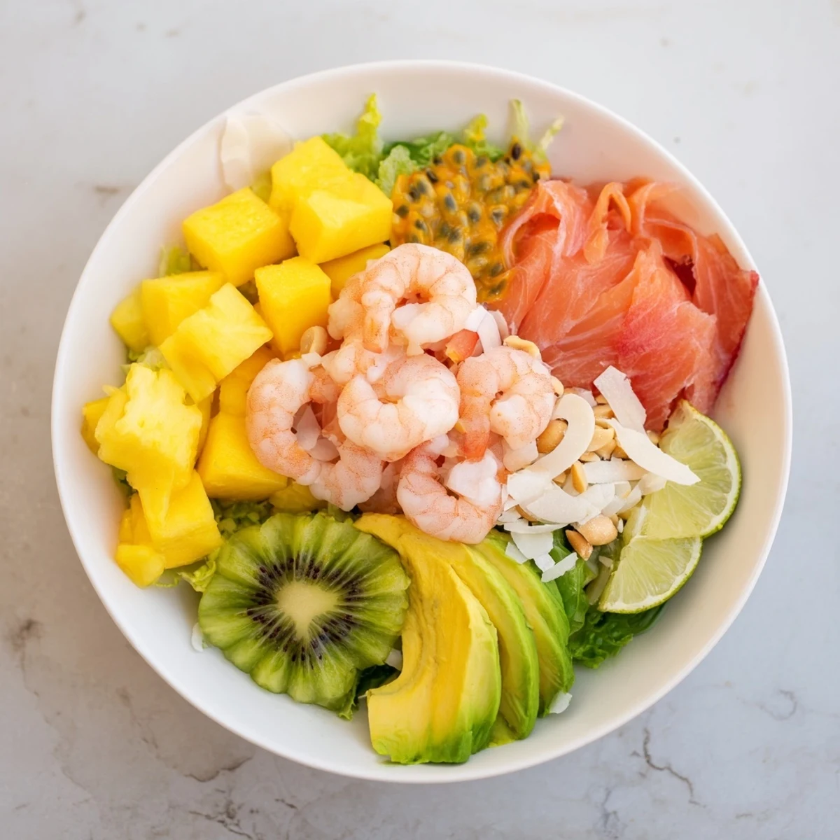 Freshly arranged Tropical Wave Tasting Platter boasts vibrant fruits, savory shrimp, and dipping sauces.