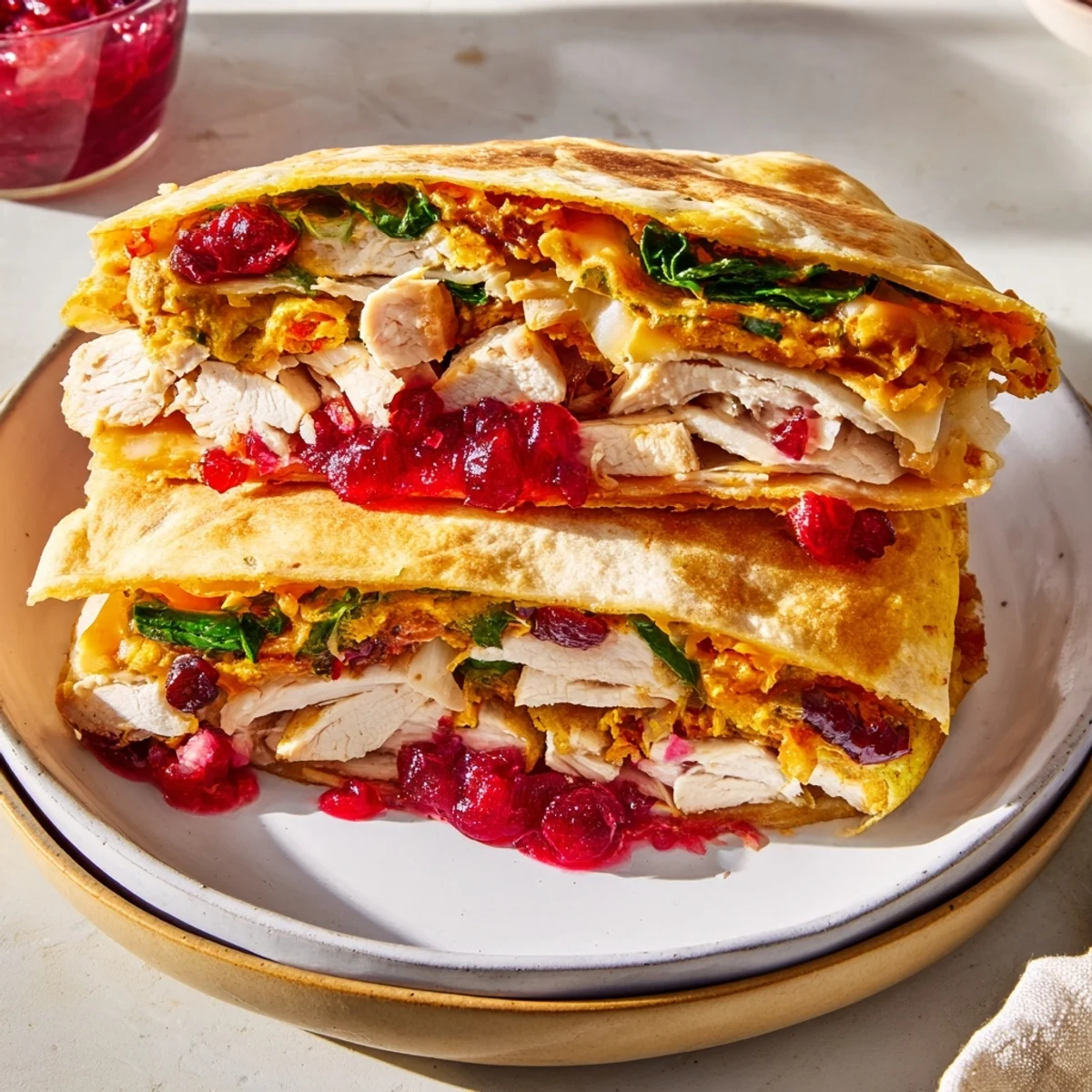 A cross-section of a delicious Moist Maker Chicken Wrap, showcasing juicy chicken and stuffing.