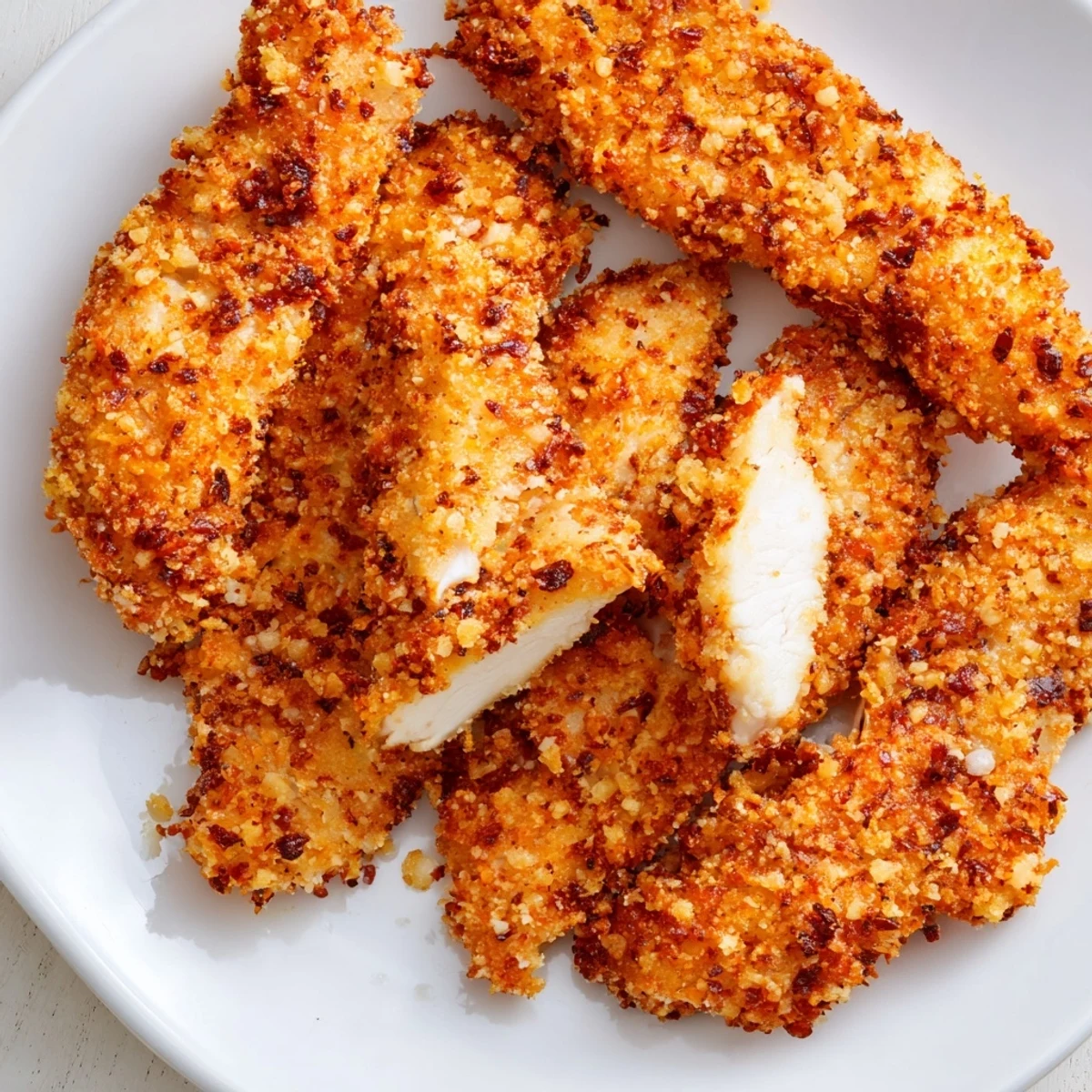 A plate of delicious crispy air-fried chicken tenders, offering a healthier, quick American dinner option.