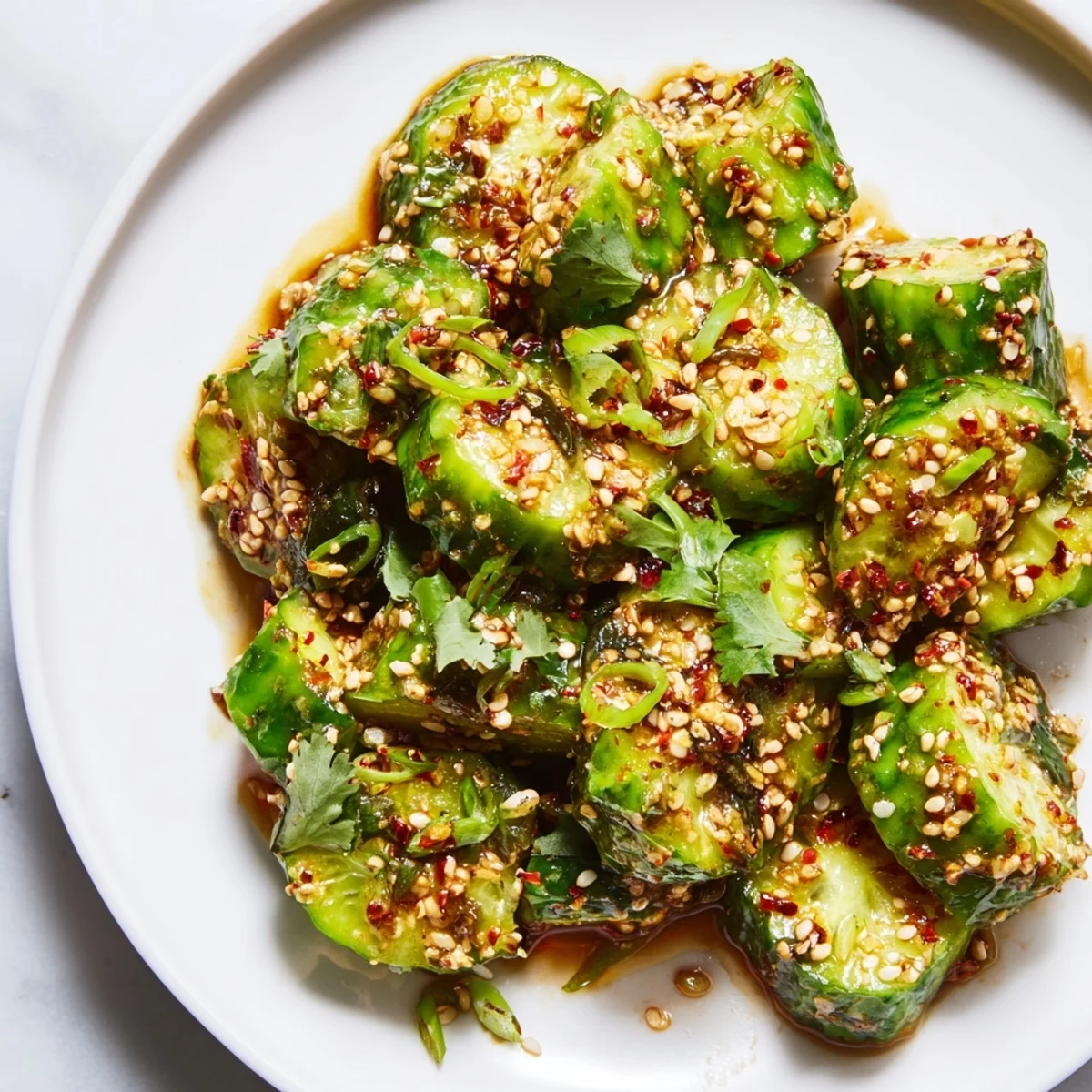 Vibrant Chinese Spicy Smashed Cucumber Salad: Cool, smashed cucumbers glistening in a spicy, sesame-infused dressing.