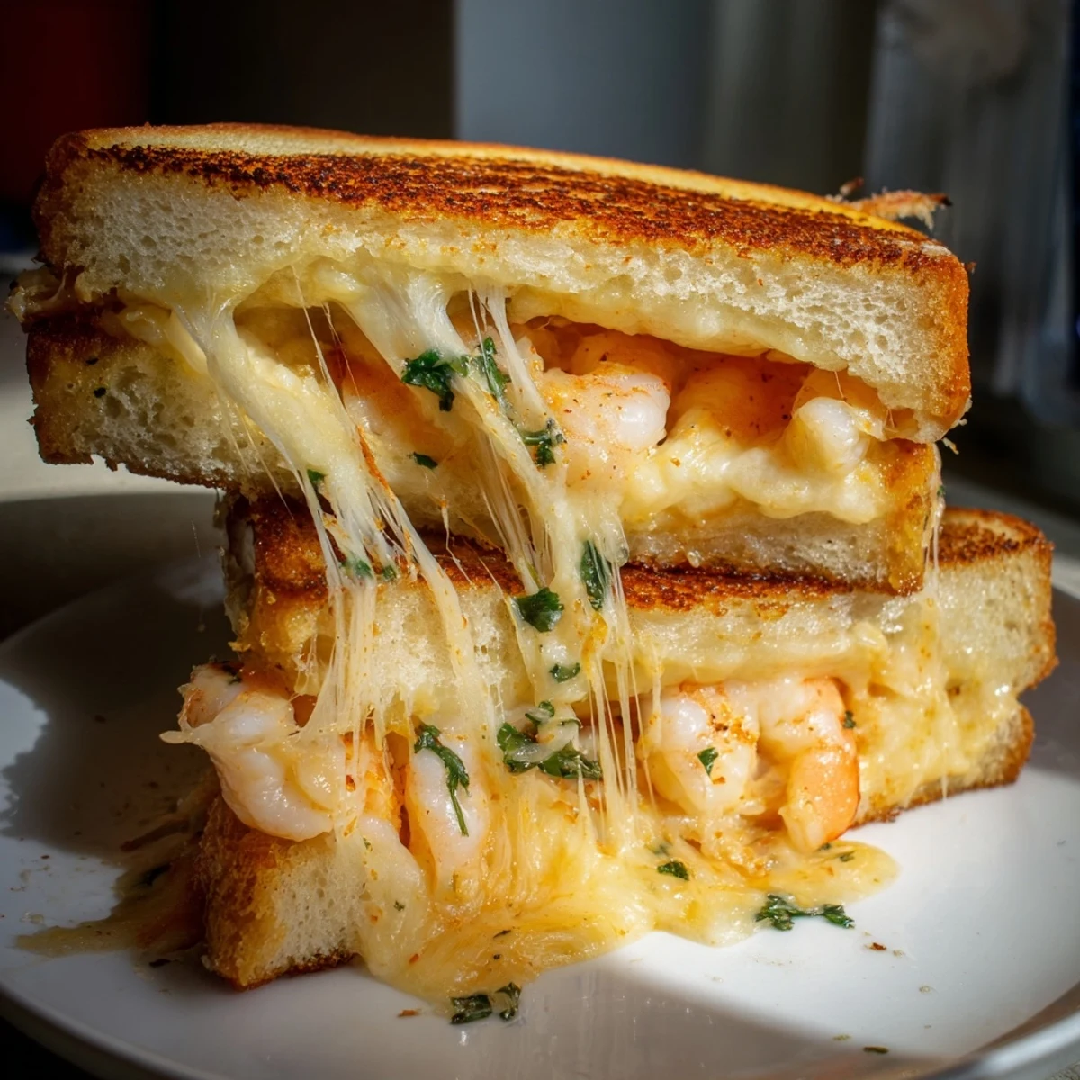 Quick Shrimp Grilled Cheese, golden-brown and oozing cheese, a perfect comfort food meal.