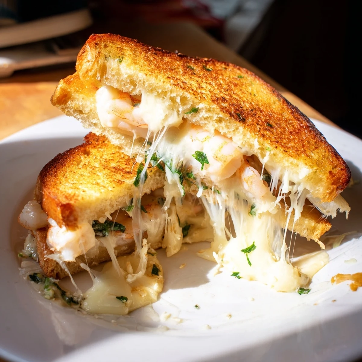 Enjoy a delicious Quick Shrimp Grilled Cheese, a pescatarian delight with toasted sourdough slices.