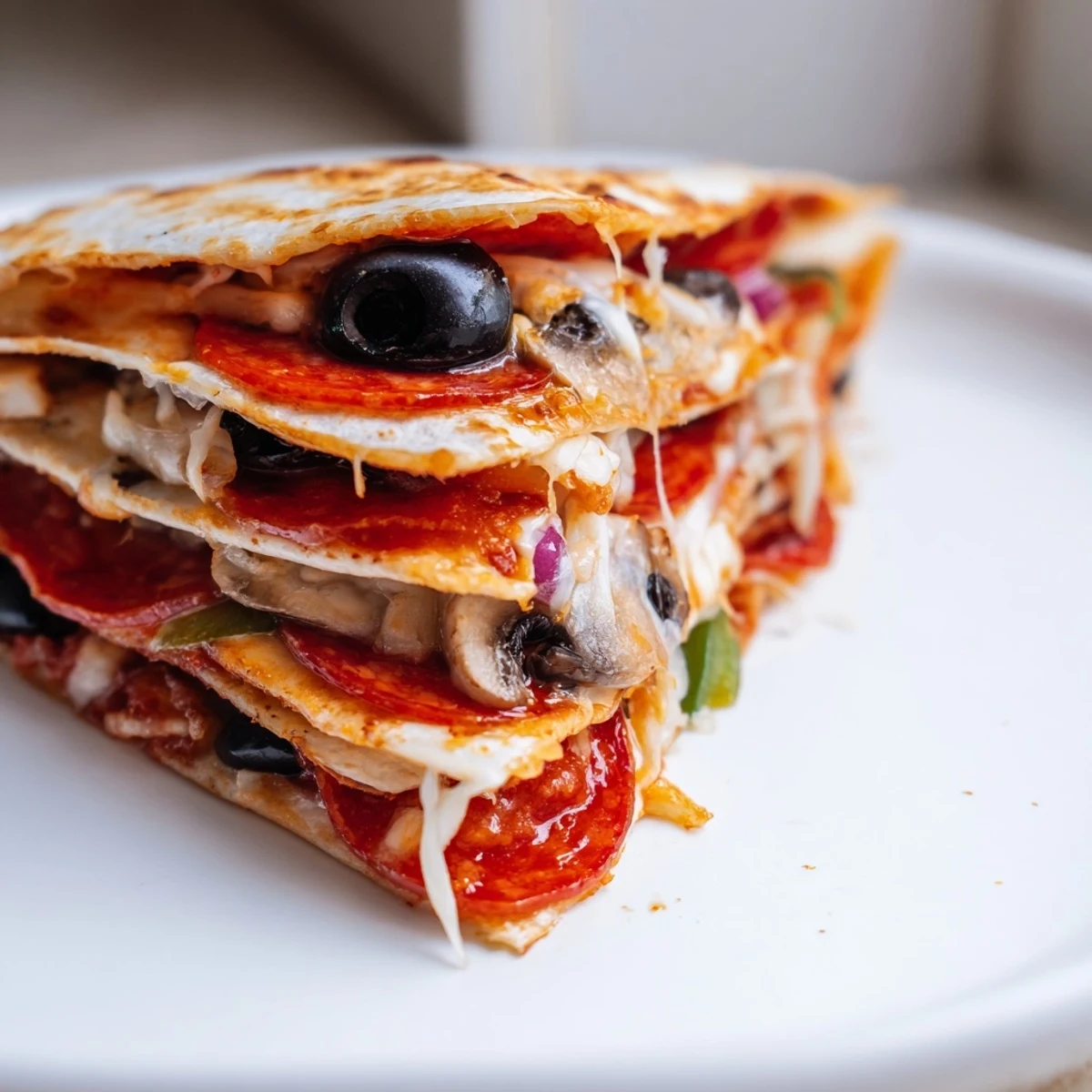 Golden-brown Tortilla Pizza Wrap filled with melted mozzarella and fresh, colorful toppings.