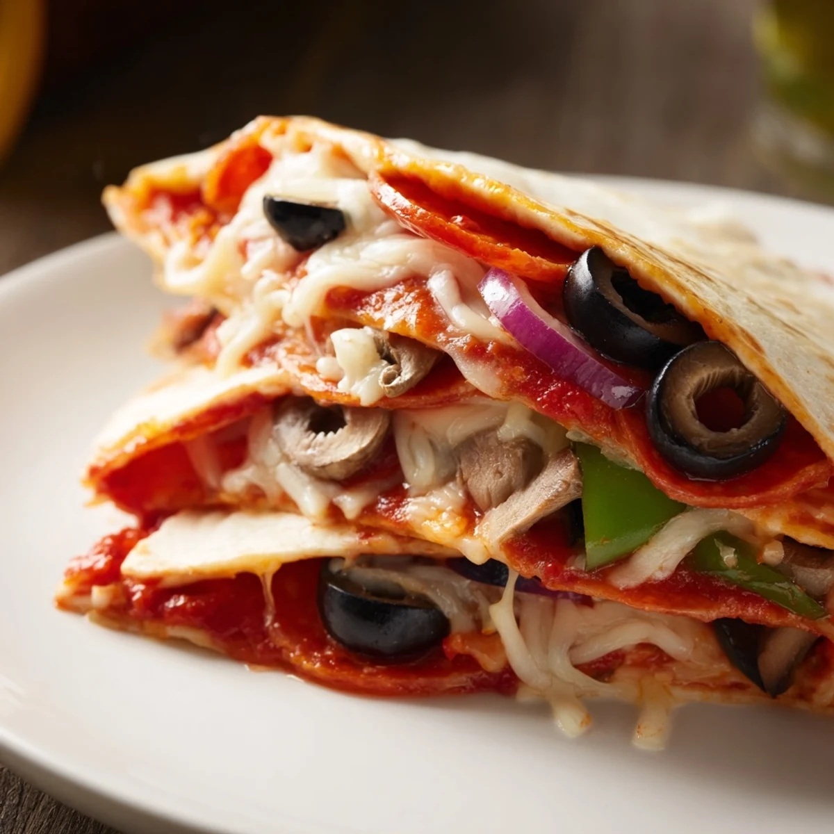Tortilla Pizza Wrap, cheesy and delicious, folded with pepperoni and ready to serve warm.