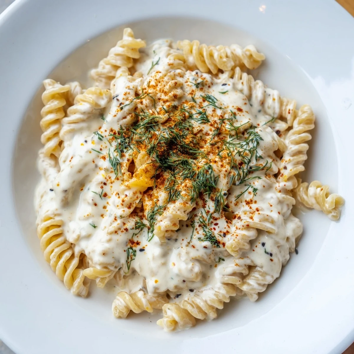 Close-up of a bowl of creamy Turkish Yogurt Pasta, with a vibrant spiced butter drizzle.