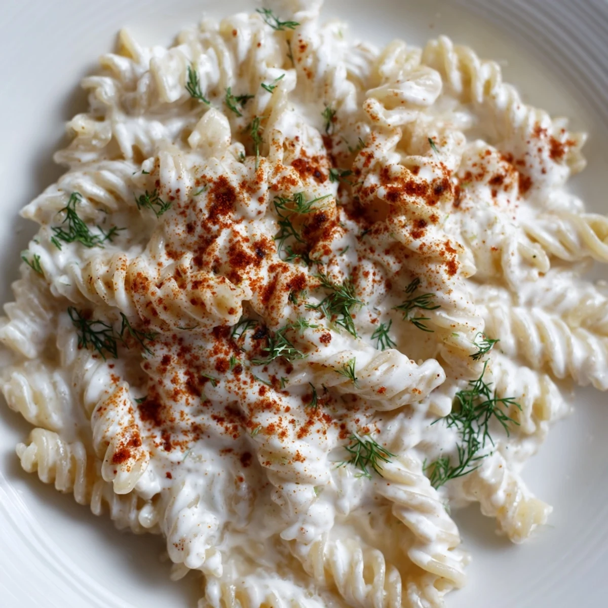 Warm Turkish Yogurt Pasta, topped with melted spiced butter and fresh herbs for a delicious meal.