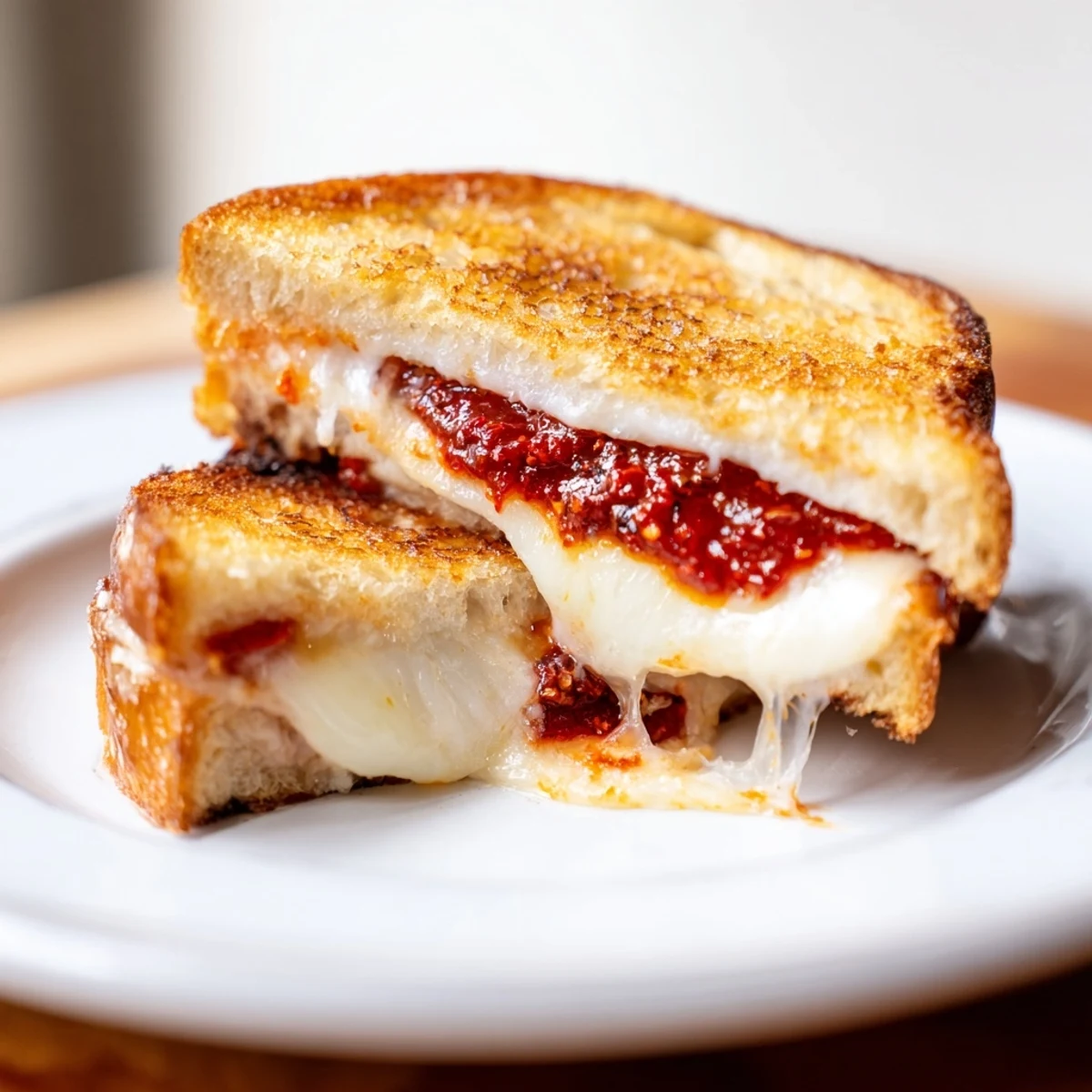 Golden, melty Brie and Chili Crisp Grilled Cheese, a gourmet treat with crispy bread and spicy flavors.