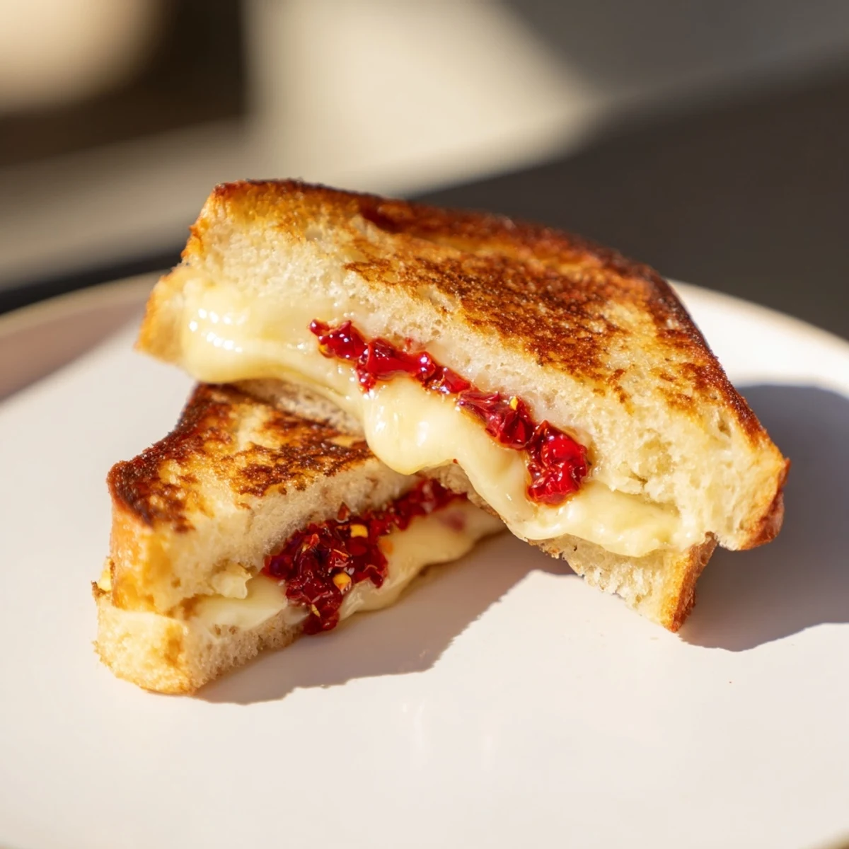 Deliciously gooey Brie and Chili Crisp Grilled Cheese, ready to eat, with melted cheese and a spicy, crunchy topping.