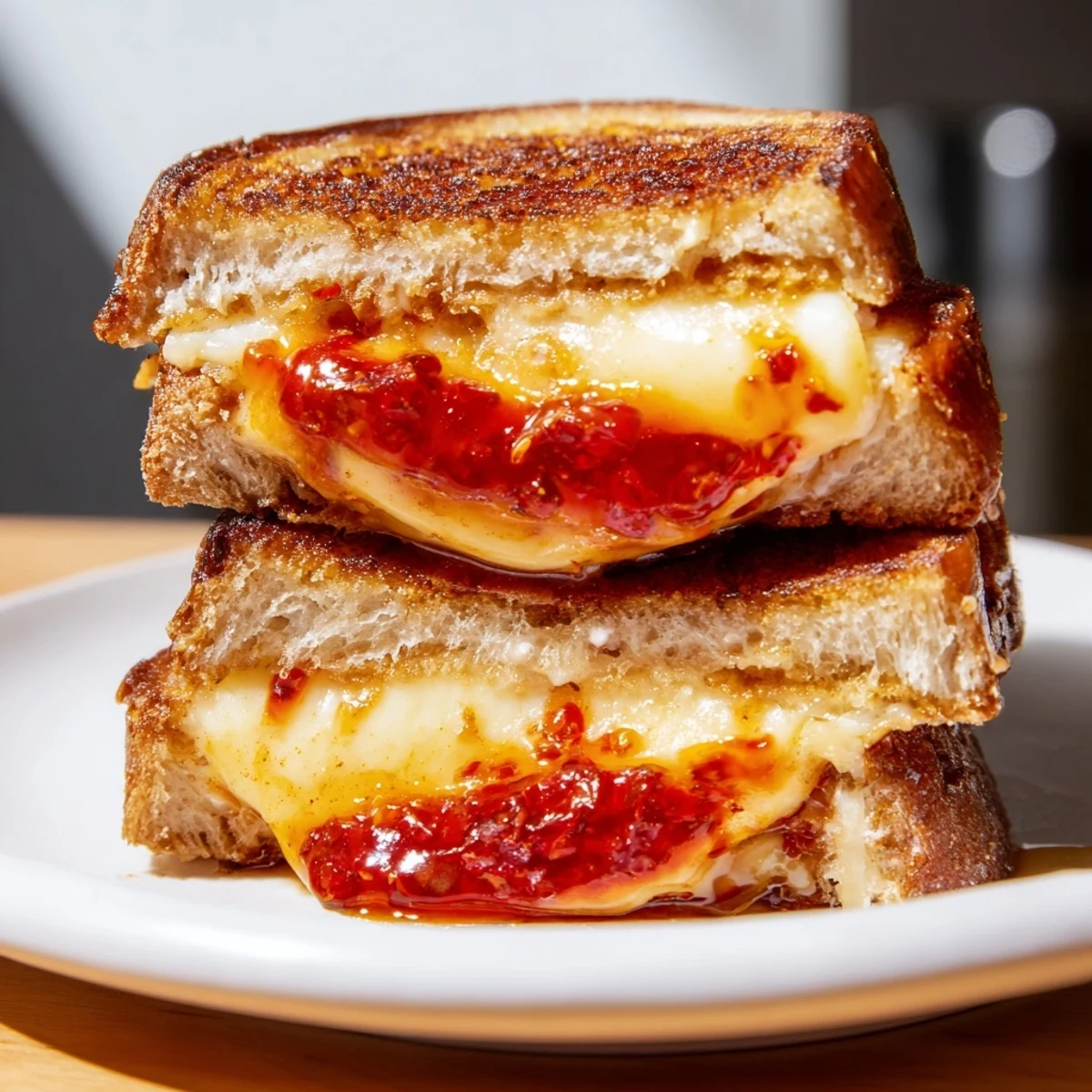 This picture showcases the incredible Brie and Chili Crisp Grilled Cheese, perfectly cooked for a rich, satisfying bite.