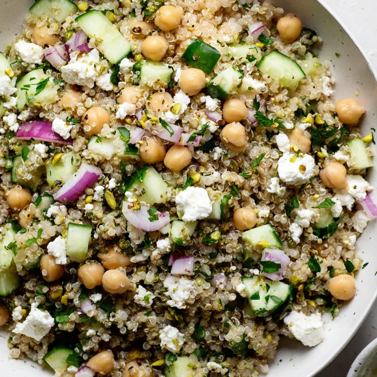 Jennifer Aniston Salad, bursting with fresh herbs, feta and toasted nuts, ready to eat.