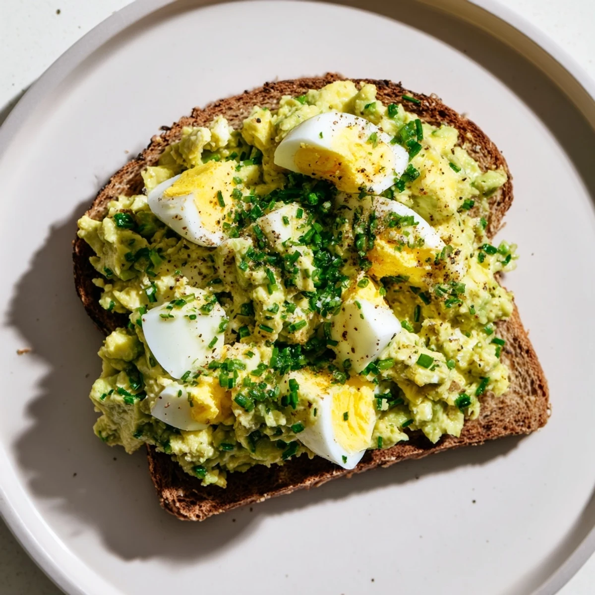 Creamy avocado egg smash on toasted bread, a satisfying vegetarian breakfast option.