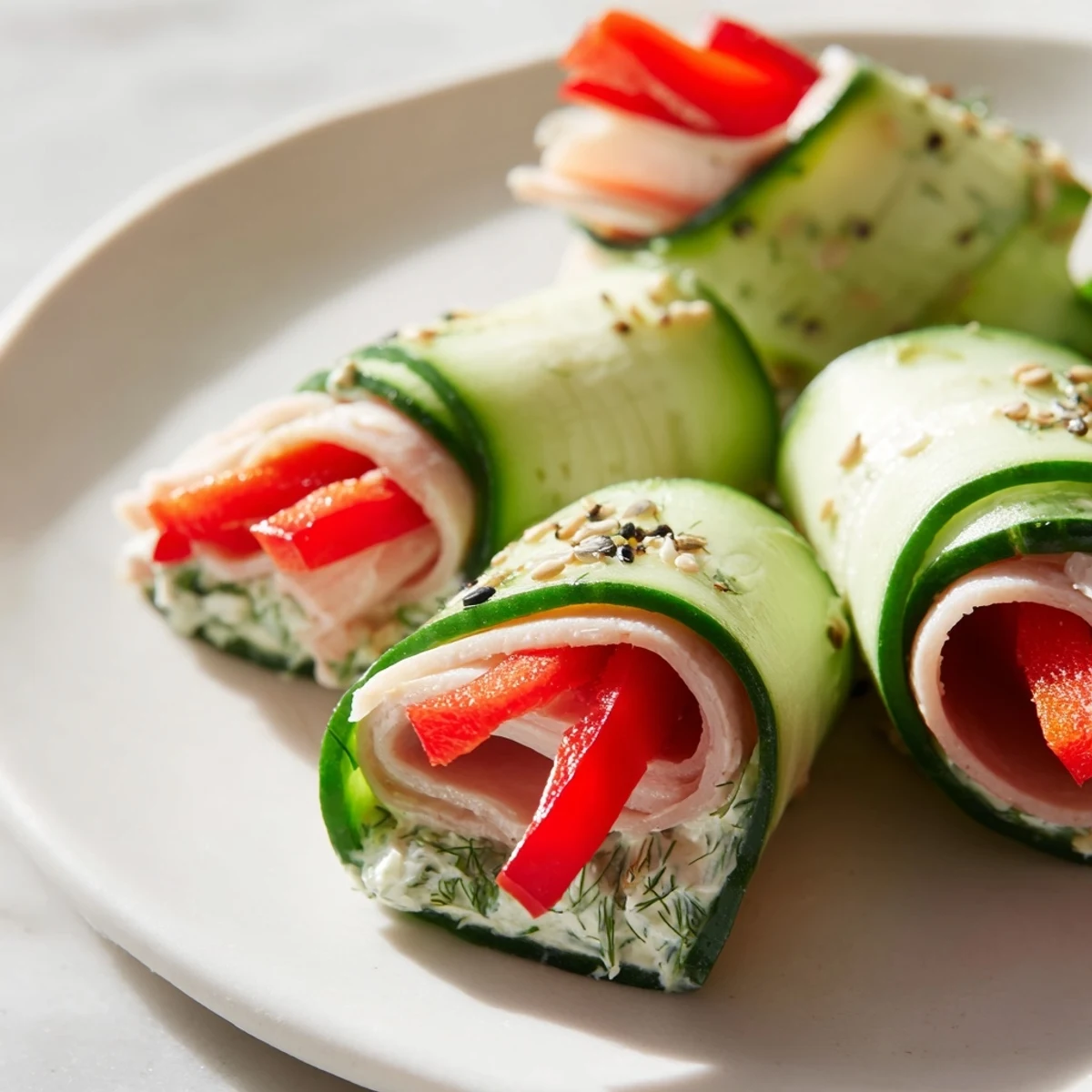 Fresh cucumber roll-ups, filled with cream cheese and deli meat, are neatly arranged on a platter.