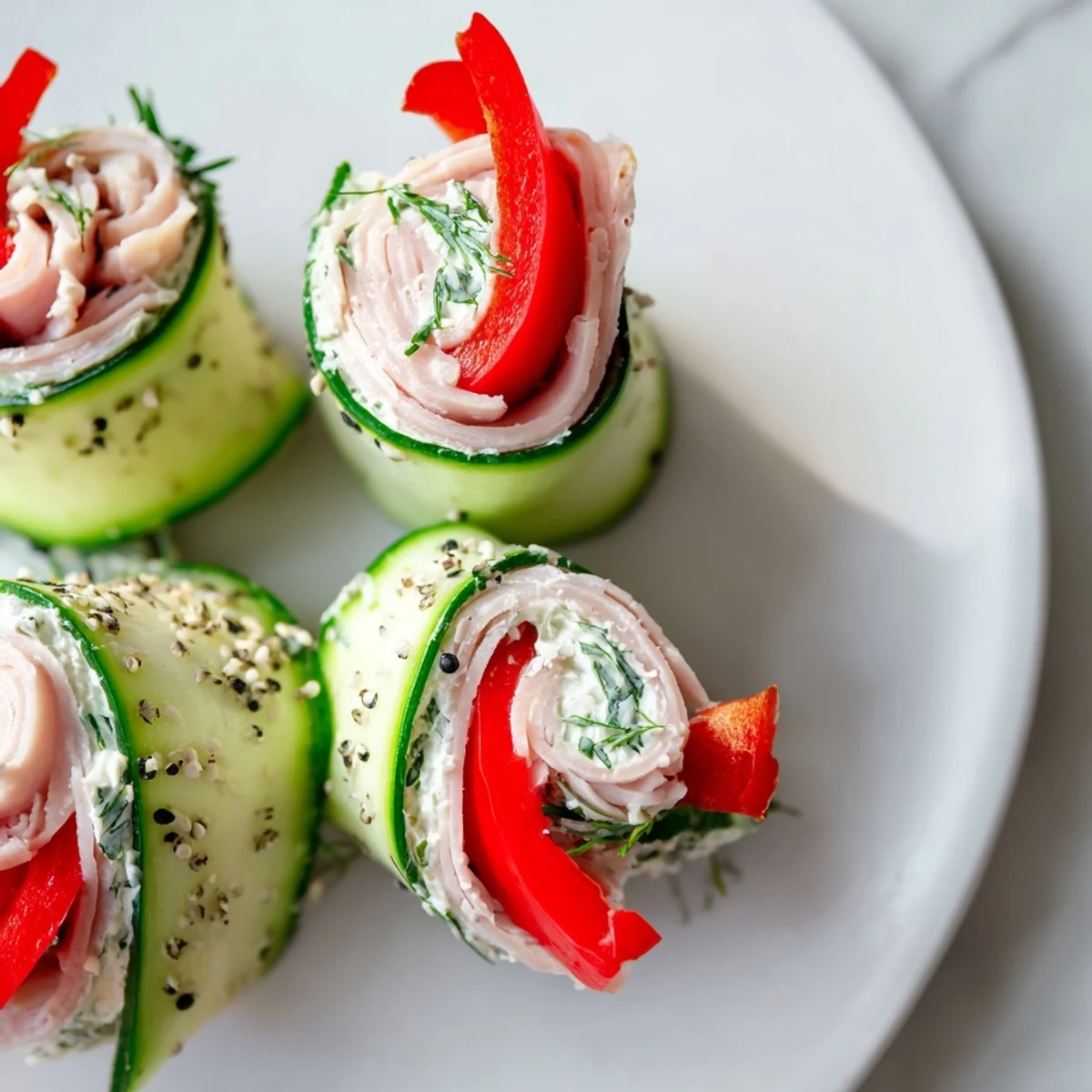 Delicious Cucumber Roll-Ups, featuring rolled cucumber filled with savory deli meat for a light snack.