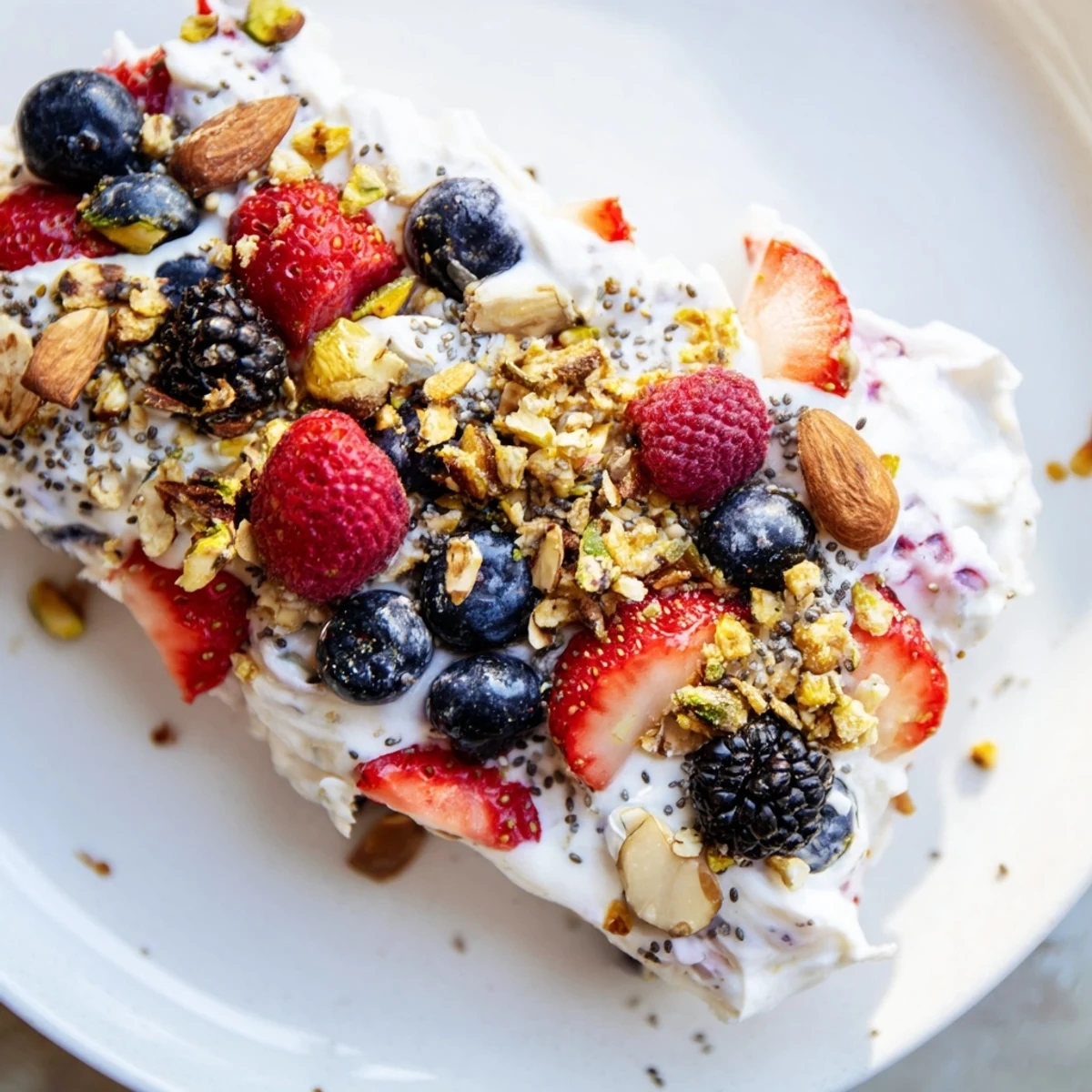 Vibrant image of frozen fruit yogurt bark with colorful berries and crunchy granola topping.
