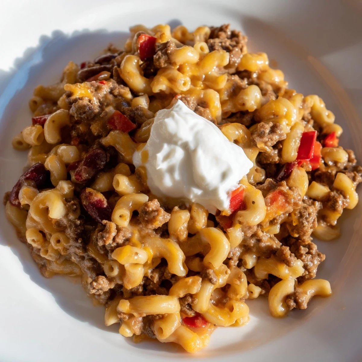 A close-up of a bubbling, delicious One-Pot Chili Mac topped with creamy cheddar cheese.