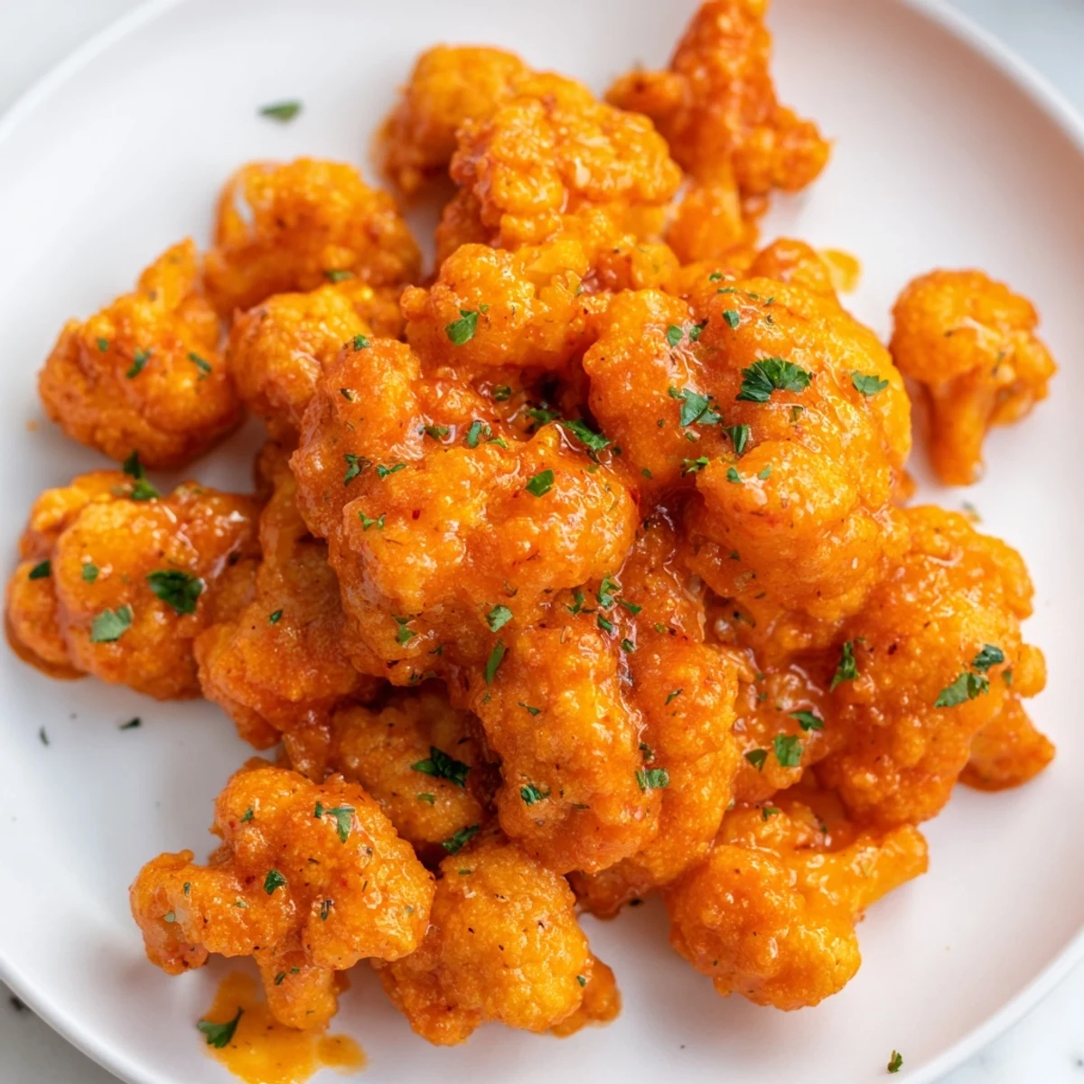 Golden-brown Buffalo Cauliflower Bites ready to serve, a vegan appetizer with a spicy glaze.