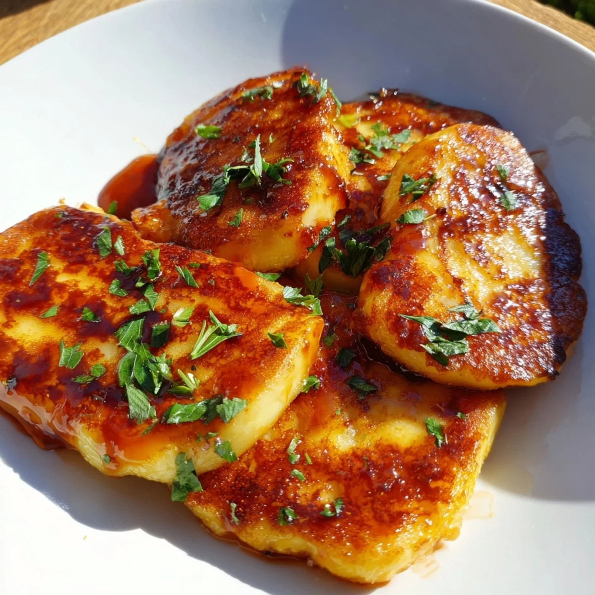 Close-up of fried halloumi cheese smothered in hot honey; a flavorful Mediterranean dish.