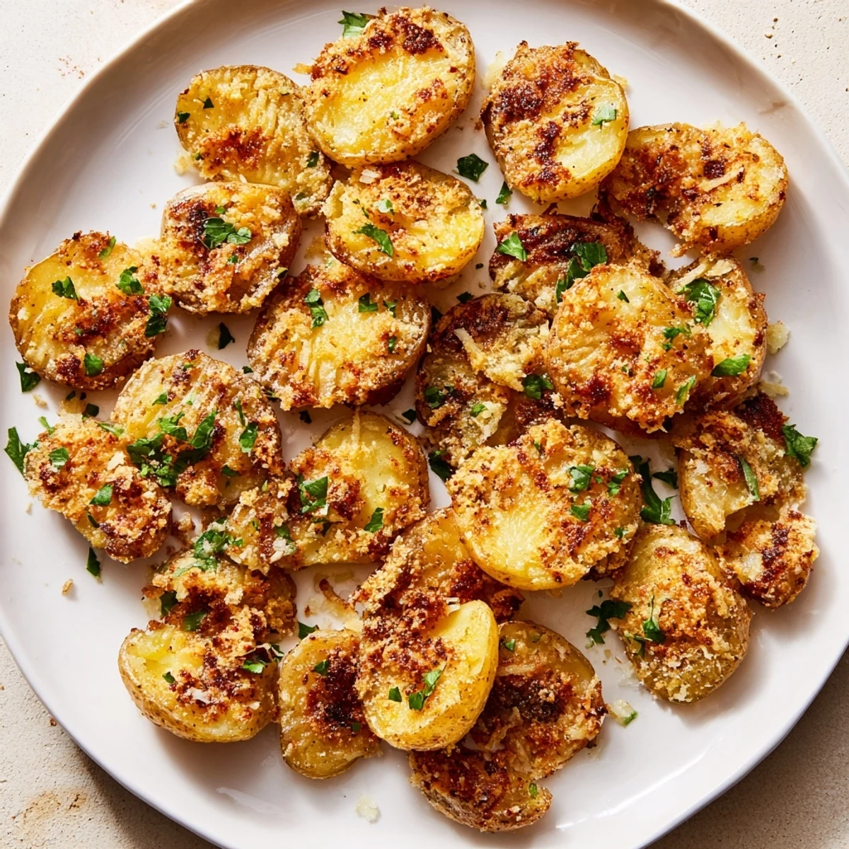 Ultra-crispy Garlic Parmesan Potatoes, golden-brown and ready to serve as a tasty side.