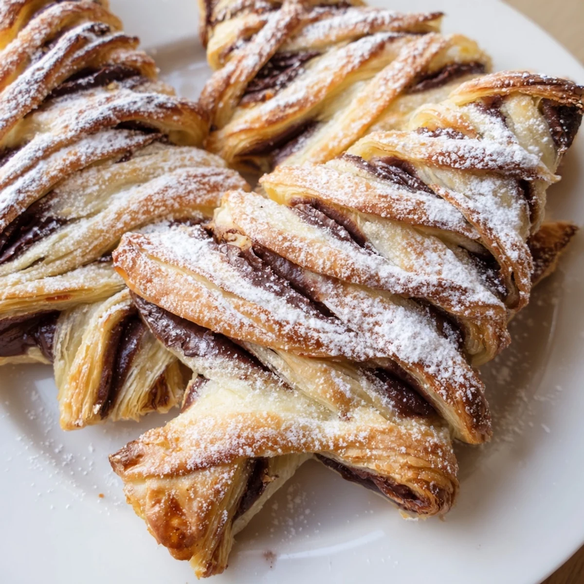 Festive Nutella Pastry Christmas Trees, dusted with powdered sugar, ready for a delicious holiday dessert spread.