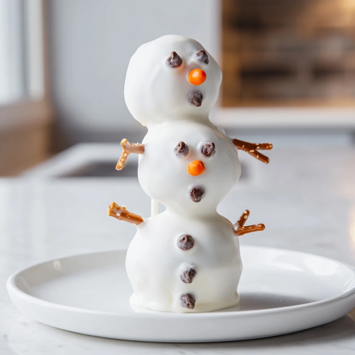 Festive Oreo Snowman Cake Pops, decorated with chocolate chips, perfect for serving at a party.